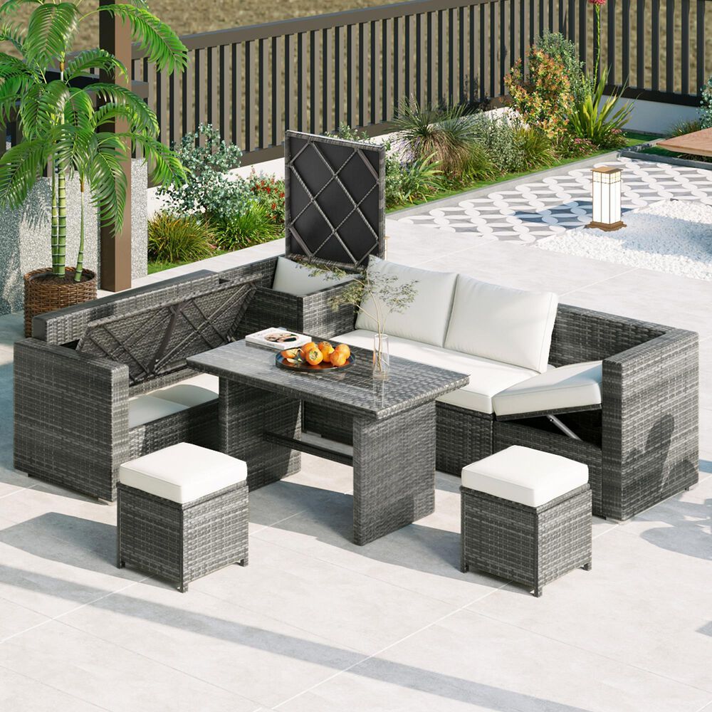 HOMLUX 6-Piece Outdoor Conversation Set with Storage Box in Beige, , large