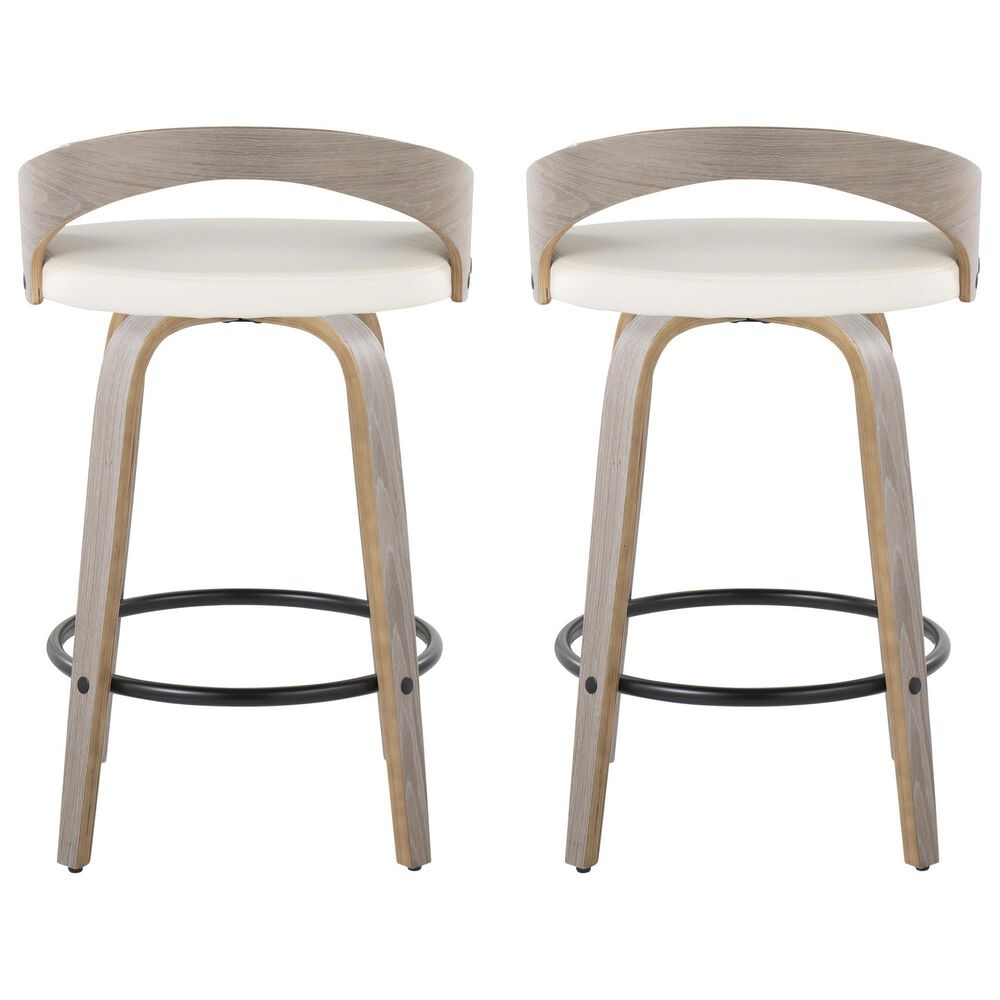 LumiSource Grotto 26" Swivel Counter Stool with White Faux Leather Upholstery in Light Grey and Black (Set of 2), , large