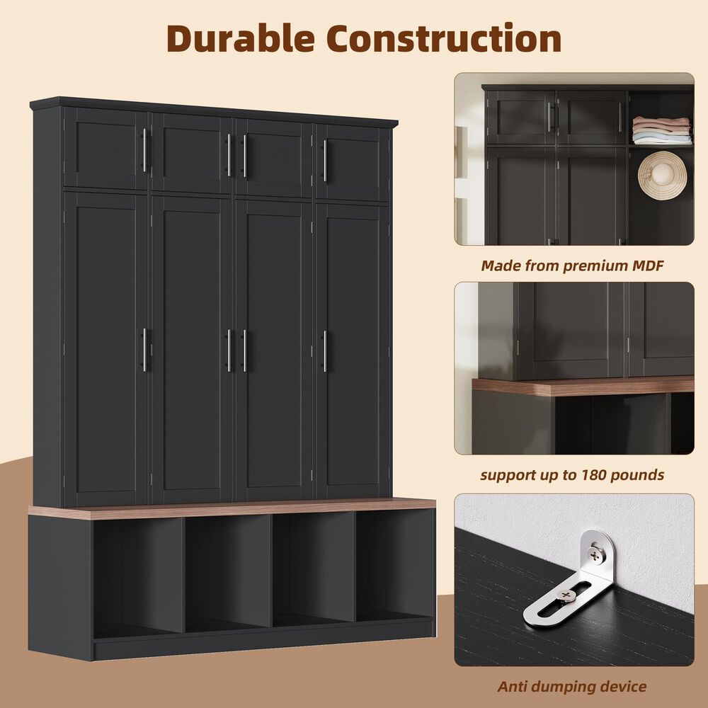 HOMLUX 4-Hook Hall Tree with 8-Door in Black and Walnut, , large