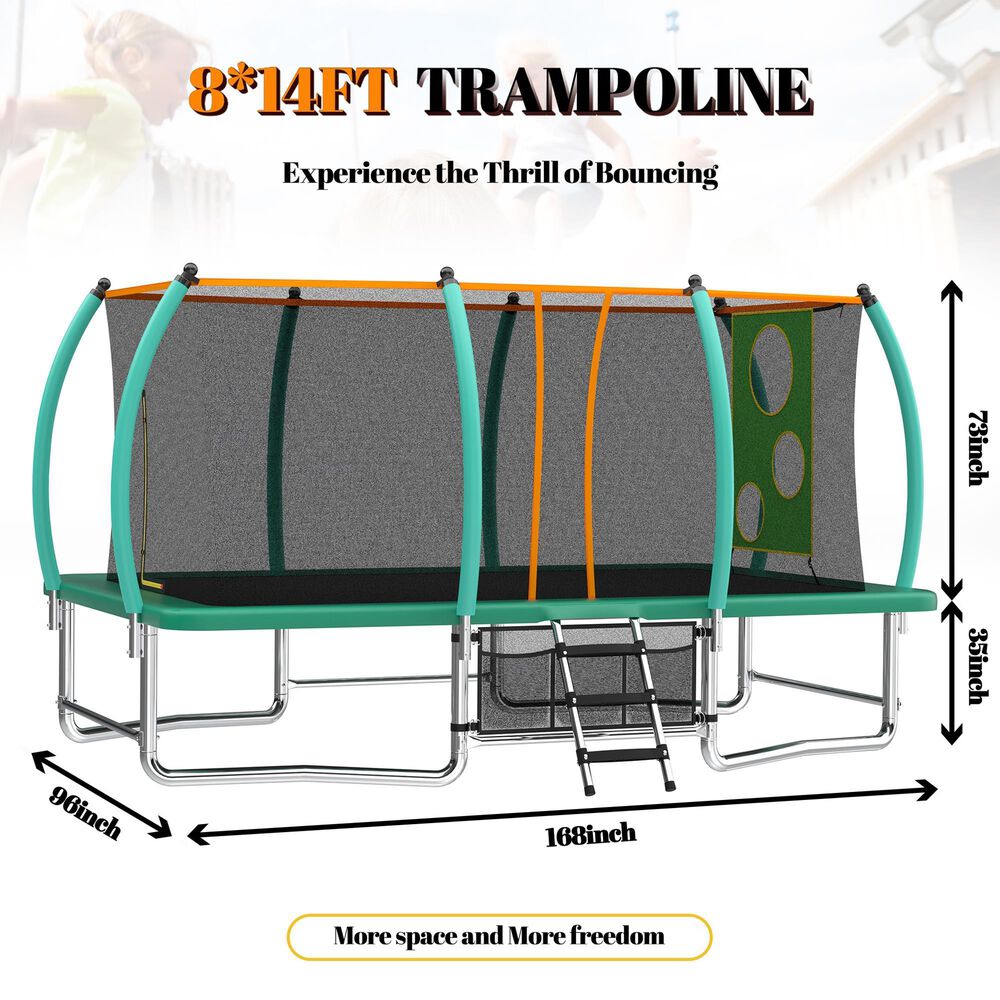 HOMLUX 8' x 14' Outdoor Trampoline with Football and Target Cloth in Green, , large