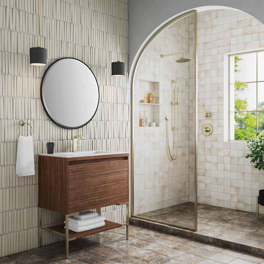 James Martin Vanities Mantova 31.5&quot; Single Vanity in Mid-Century Walnut and Champagne Brass with 3 cm Glossy White Composite Stone Top and Rectangular Sink, , large