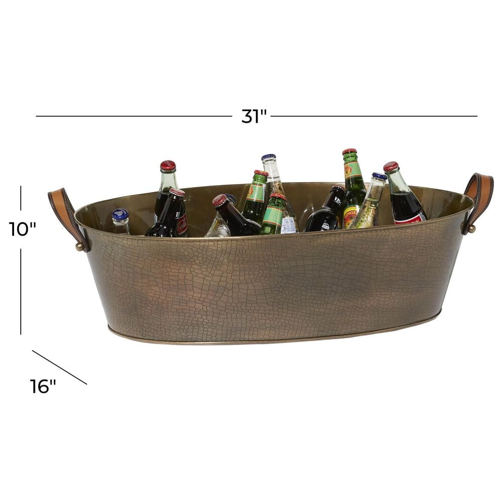 Maple and Jade Long Decorative Ice Bucket with Brown and Dark Brown Leather Strap Handles in Polished Bronze, , large