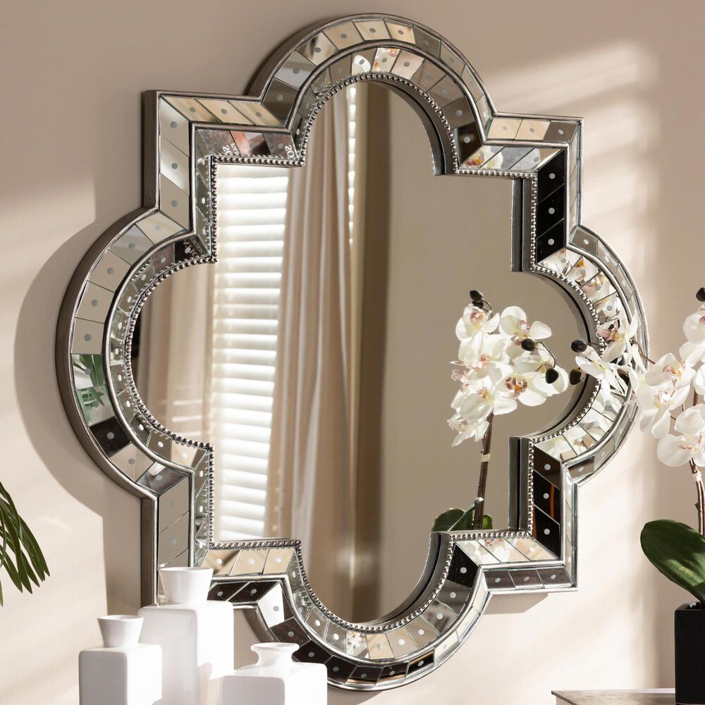 Baxton Studio Catia Quatrefoil Accent Wall Mirror in Antique Silver, , large