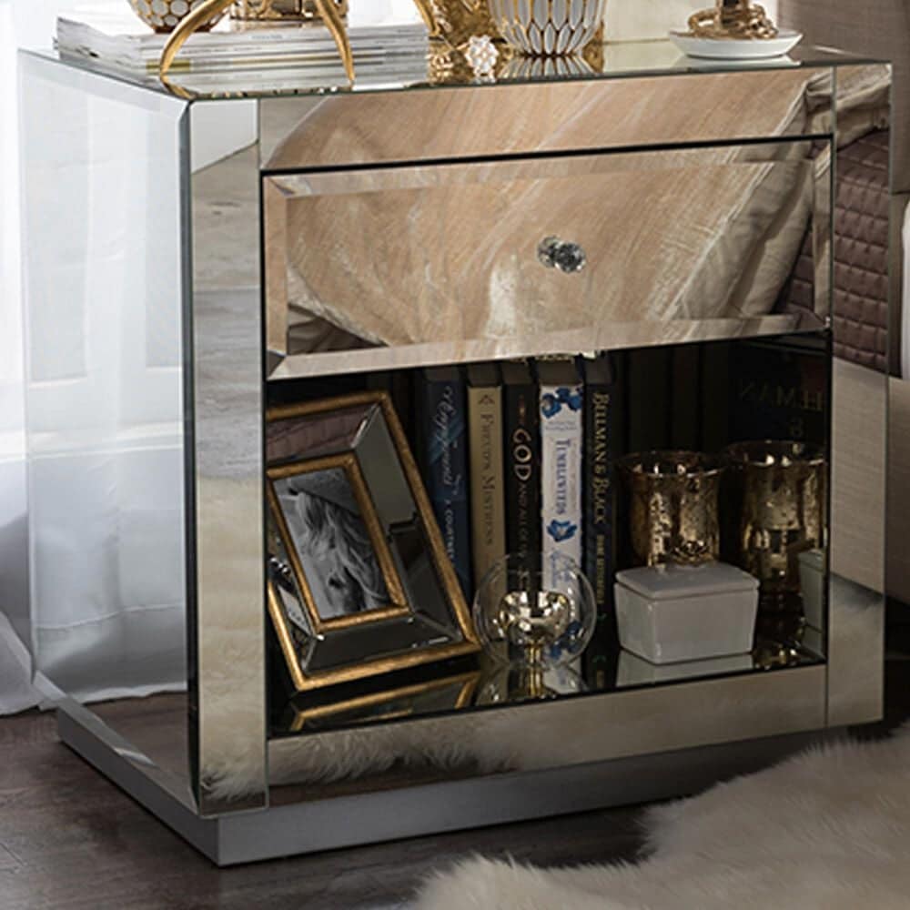Baxton Studio Rochadh Mirrored 1-Drawer End Table in Gray, , large