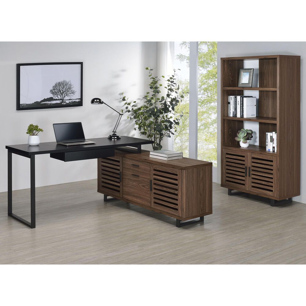 Pacific Landing Maddox 2-Piece L-desk and Bookcase Set in Black and Walnut, , large