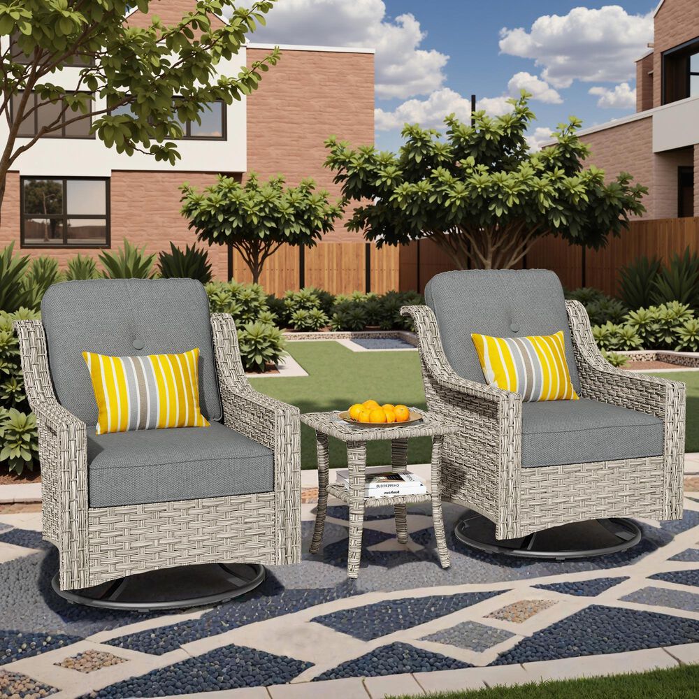 HOMLUX 3-Piece Outdoor Swivel Rocking Chair Set and Side Table in Dark Gray, , large