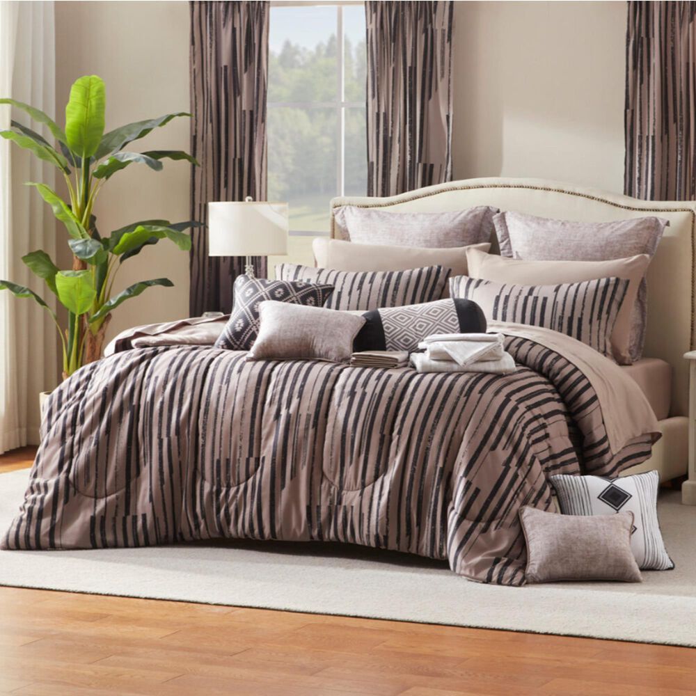 Jiangsu Royal Home Freya Stripe 24-Piece King Bed-in-a-Bag Microfiber Comforter Set in Brown, , large