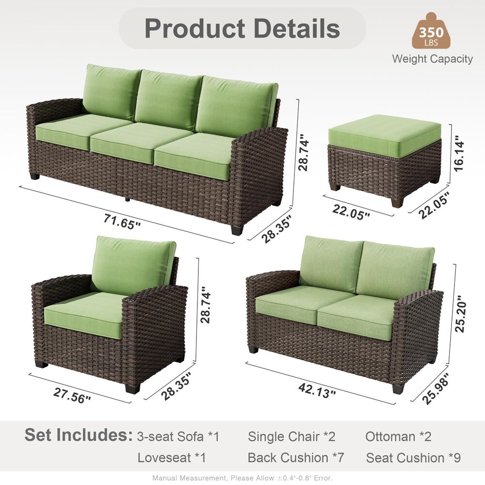 HOMLUX 6-Piece Patio Conversation Set with Loveseat and Light Brown Wicker in Green, , large
