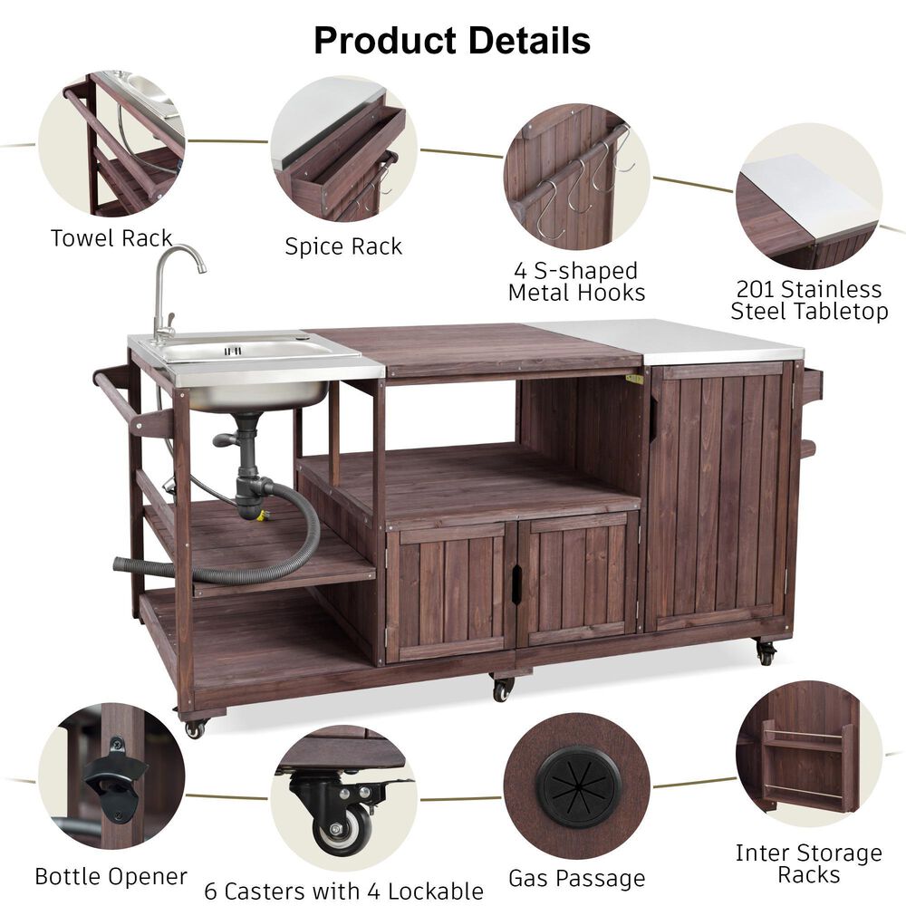 HOMLUX 75.4" Outdoor Kitchen Island with Sink, Solid Wood Outdoor Grill Cart for XL Green Egg Grills, Rolling Outdoor Bar Cart with Stainless Steel Top, for Pizza Prep &amp; BBQ, Brown, , large