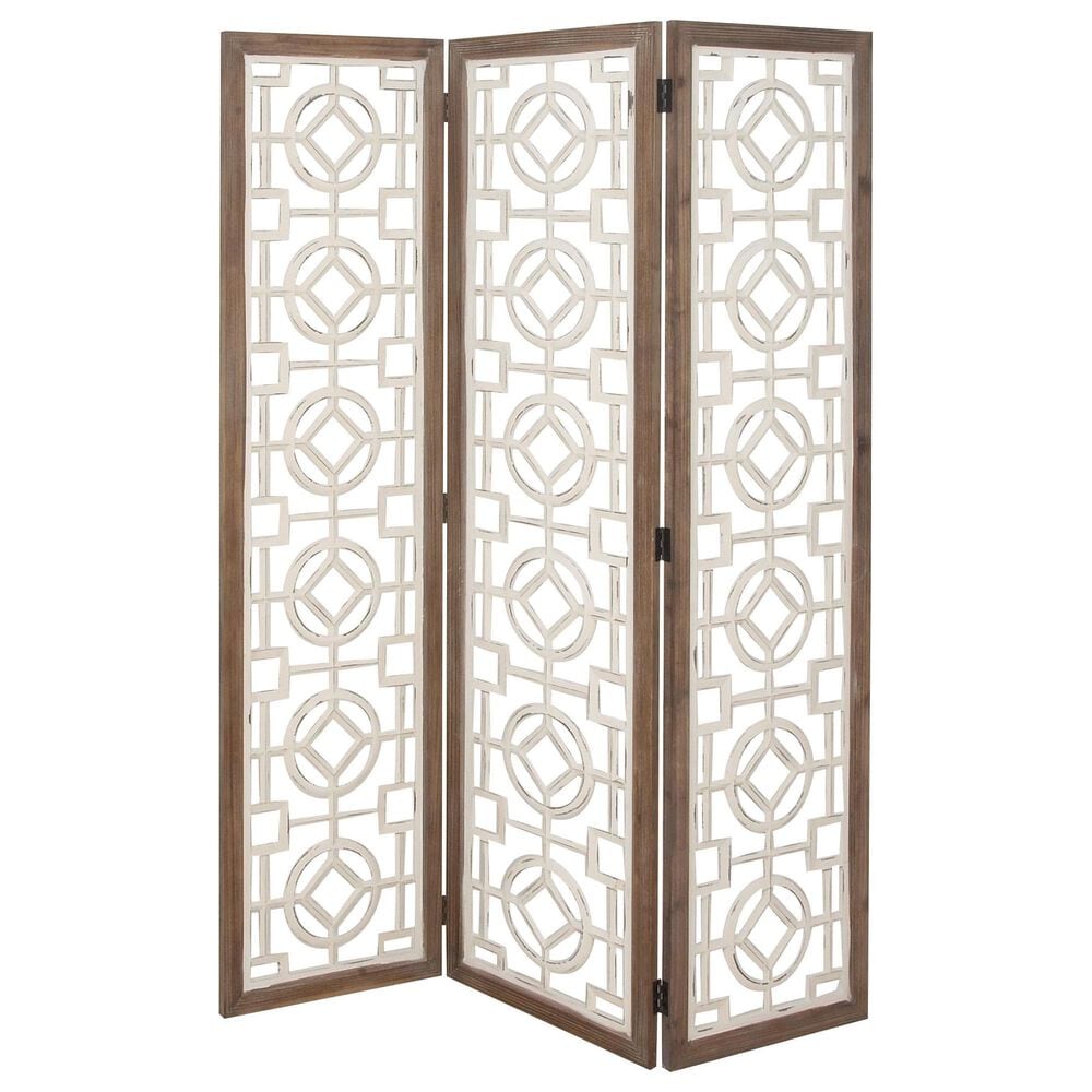 Maple and Jade 3-Panel Partition Room Divider Screen with Carved Designs in Matte White and Brown, , large