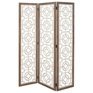 Maple and Jade 3-Panel Partition Room Divider Screen with Carved Designs in Matte White and Brown, , large