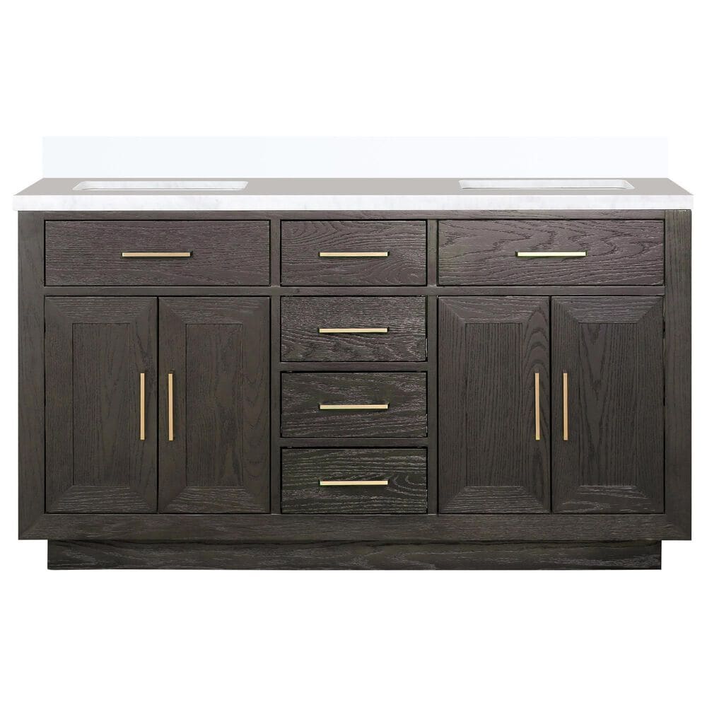 Lexora Home Abbey 60&quot; Double Bathroom Vanity in Brown Oak with 2 cm White Quartz Top and Rectangular Sinks, , large