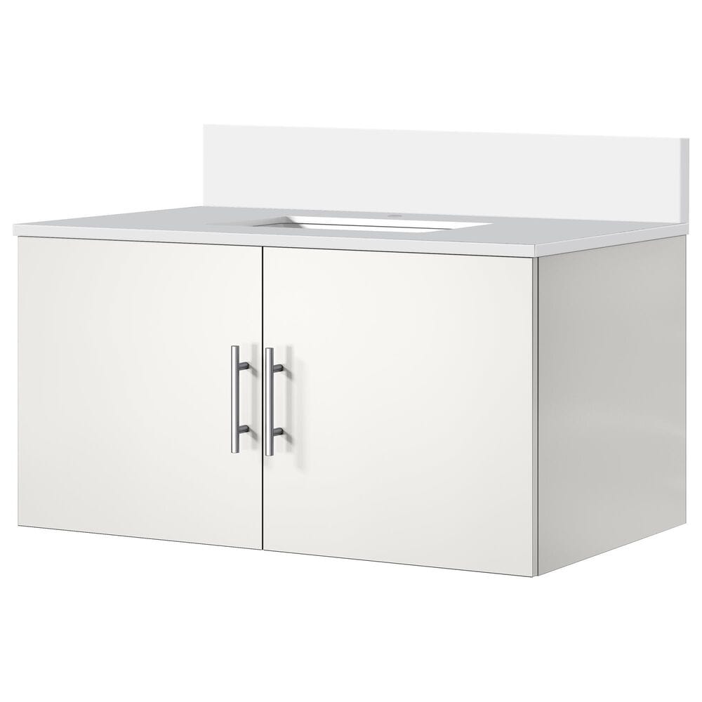 Lexora Home Geneva 36" Single Bathroom Vanity in Glossy White with 2 cm White Cultured Marble Top and Rectangular Sink, , large