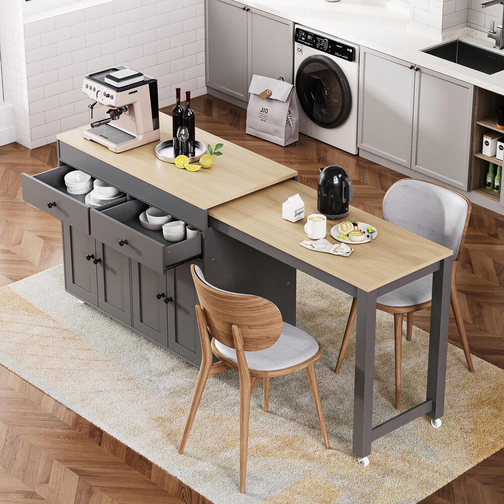 HOMLUX 75" Kitchen Island with Extendable Dining Table in Grey, , large