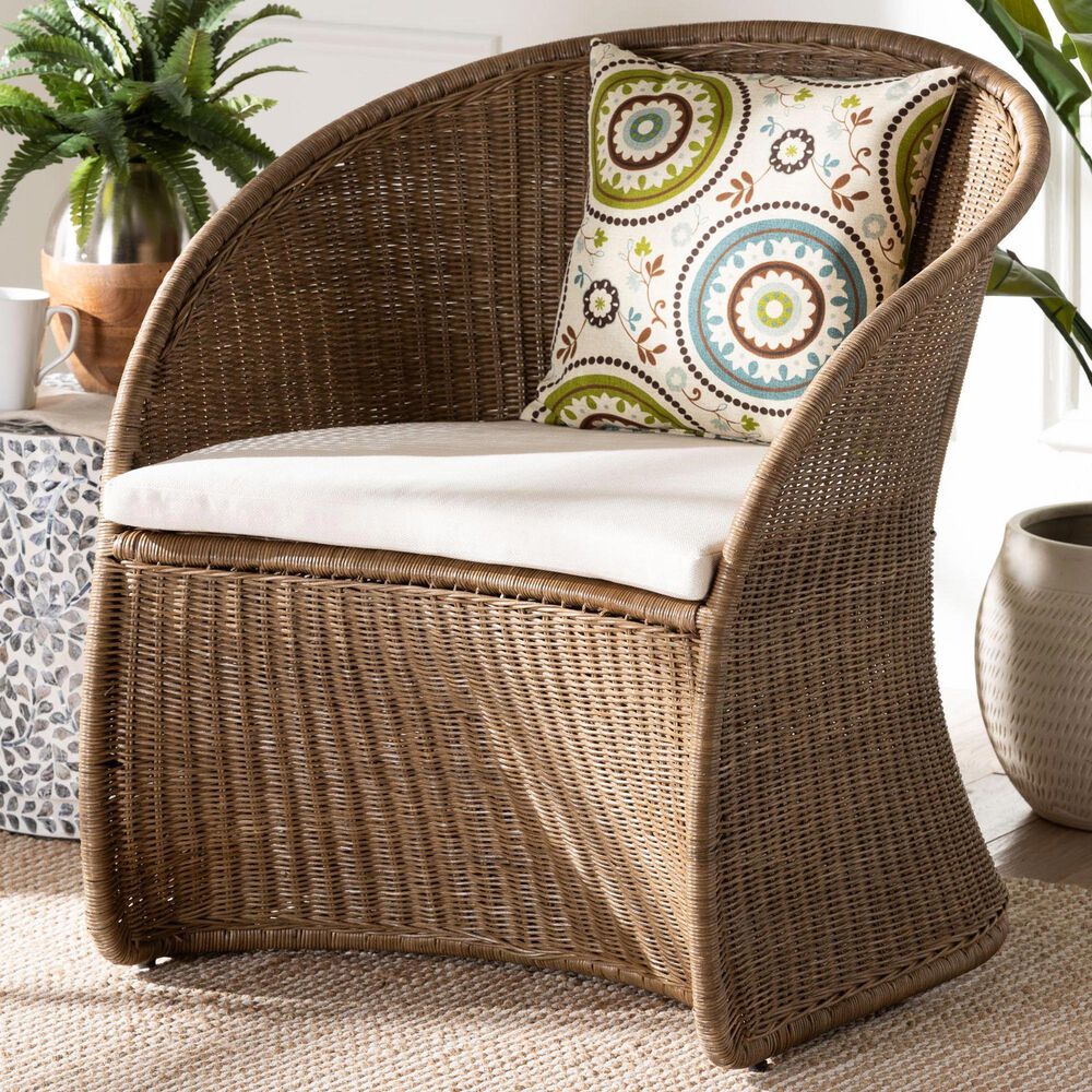 Baxton Studio Kintamani Accent Chair with Greywashed Rattan in White, , large