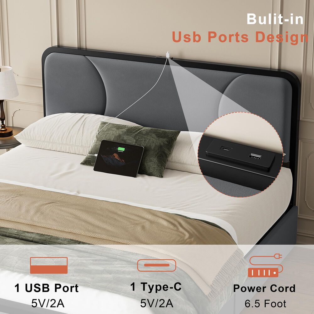 HOMLUX Full Upholstered Platform Storage Bed Frame in Gray, , large