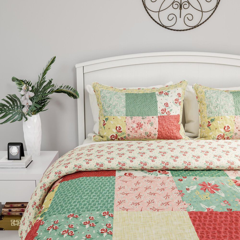 Timberlake 3-Piece Full/Queen Quilt Set in Pastel Pink, Mint Green, Yellow and Red, , large