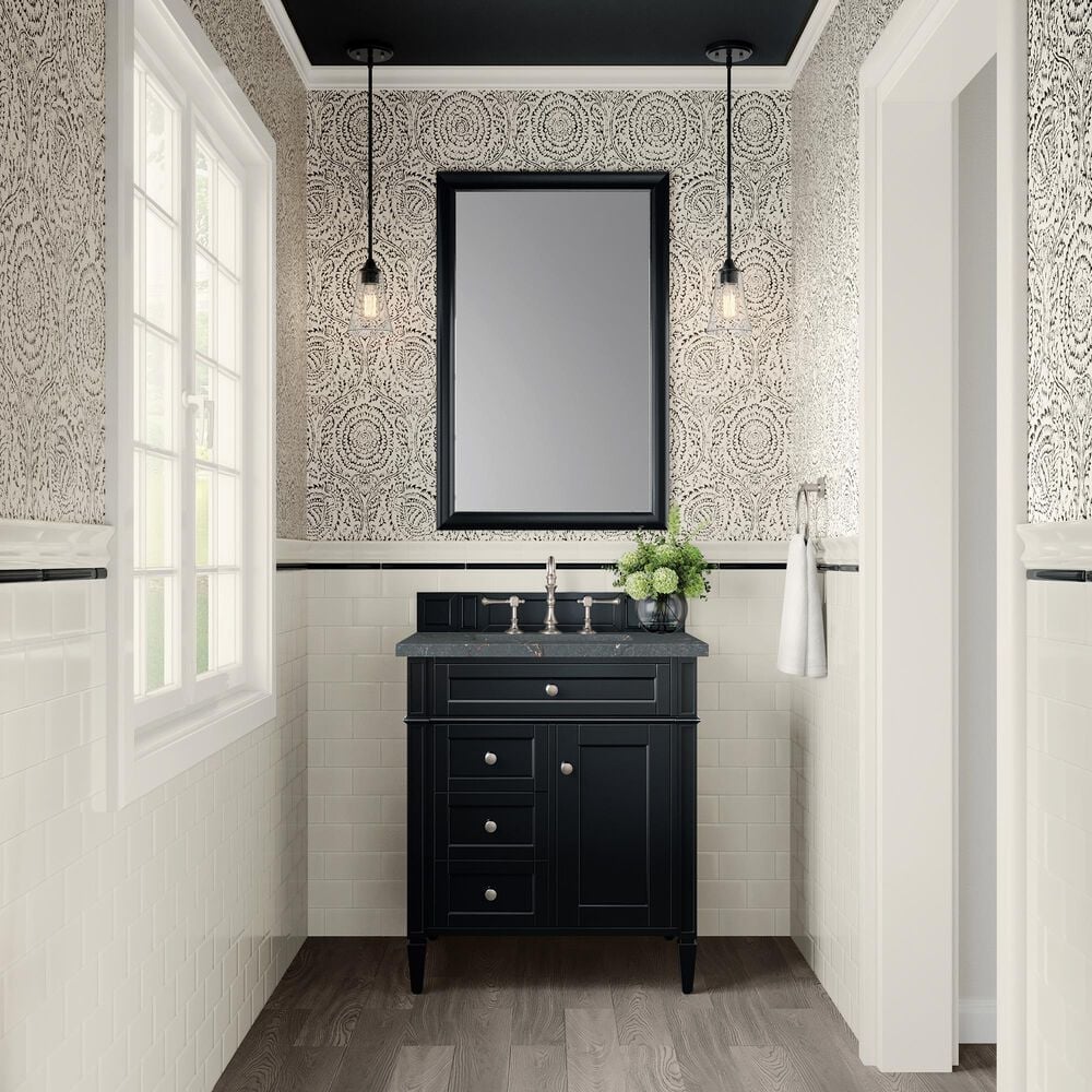 James Martin Vanities Brittany 30" Single Bathroom Vanity in Black Onyx with 3 cm Parisien Bleu Quartz Top and Rectangular Sink, , large