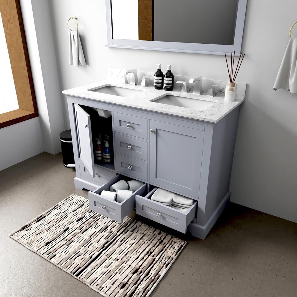 Lexora Home Dukes 48&quot; Double Bathroom Vanity in Dark Grey with 2 cm White Carrara Marble Top and Rectangular Sinks, , large