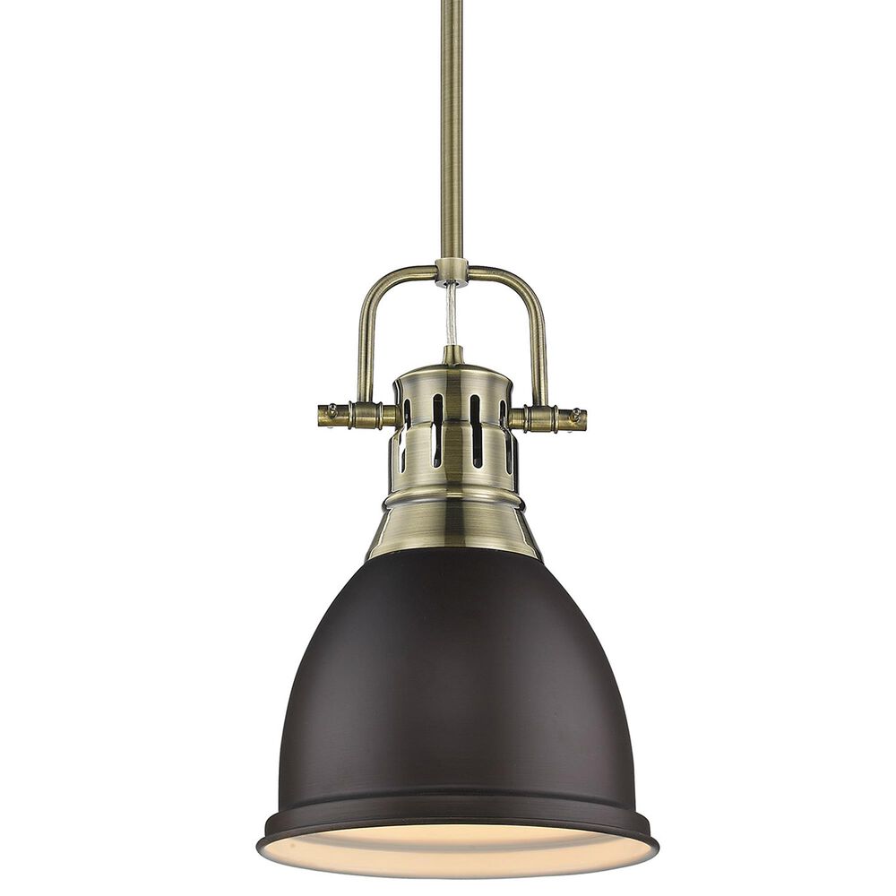 Golden Lighting Duncan 1-Light Small Pendant with Rod and Rubbed Bronze Shade in Aged Brass, , large
