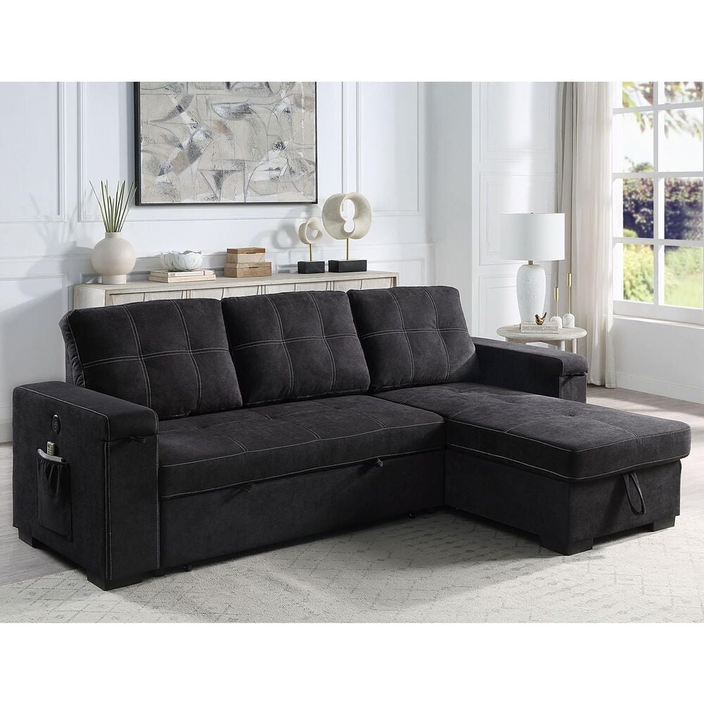 HOMLUX 95"W Reversible Sleeper Sectional Sofa with Storage Chaise, Cup Holders, USB, in Black, , large