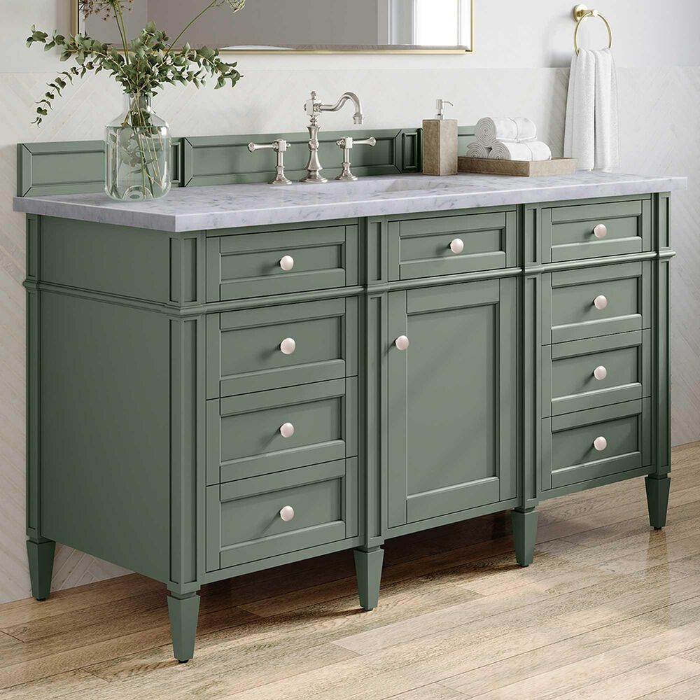 James Martin Vanities Brittany 60&quot; Single Bathroom Vanity in Smokey Celadon with 3 cm Carrara White Marble Top and Rectangular Sink, , large