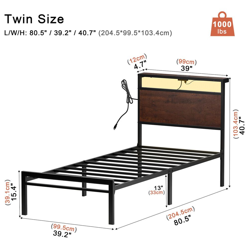 HOMLUX Twin Platform Bed with LED Headboard and Charging Station in Rustic Brown, , large