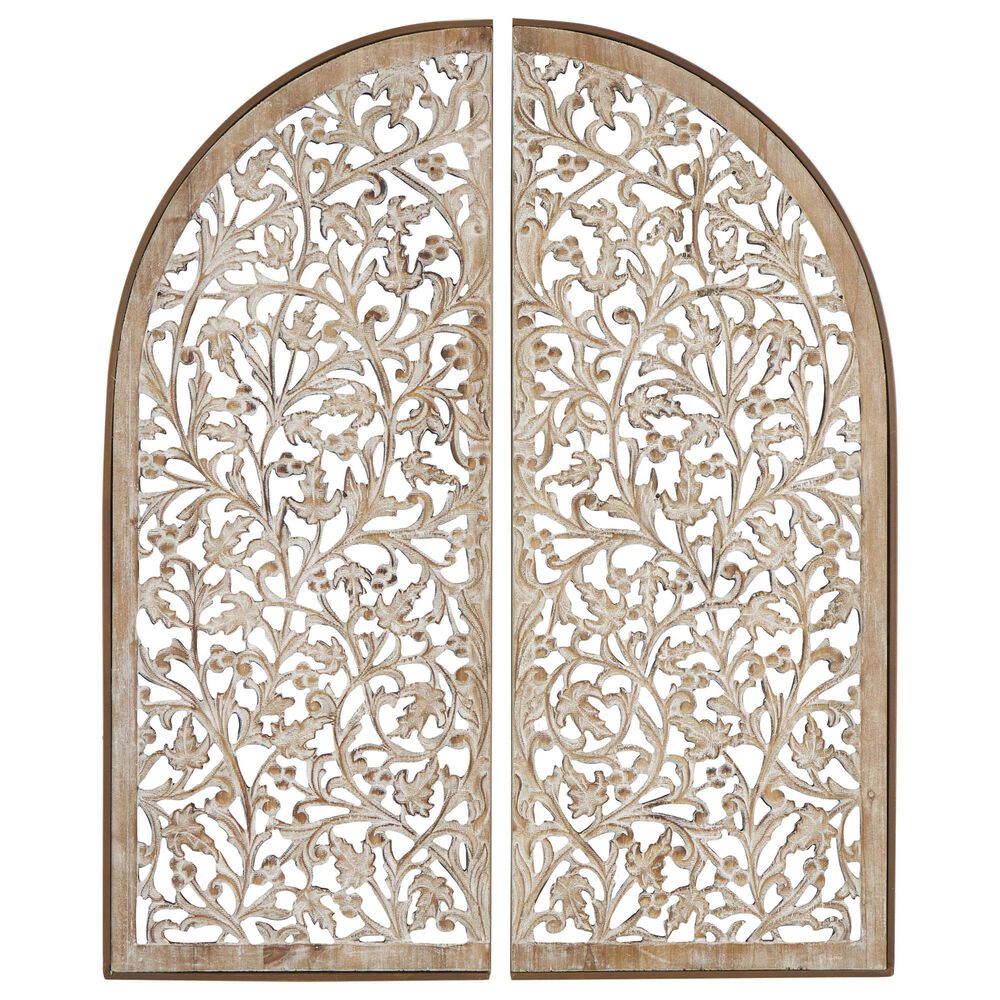 Maple and Jade 36" x 15" Floral Arched Wall Decor with Intricate Carvings in Brown and Whitewashed (Set of 2), , large