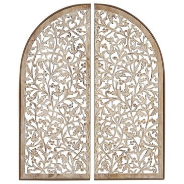 Maple and Jade 36" x 15" Floral Arched Wall Decor with Intricate Carvings in Brown and Whitewashed (Set of 2), , large