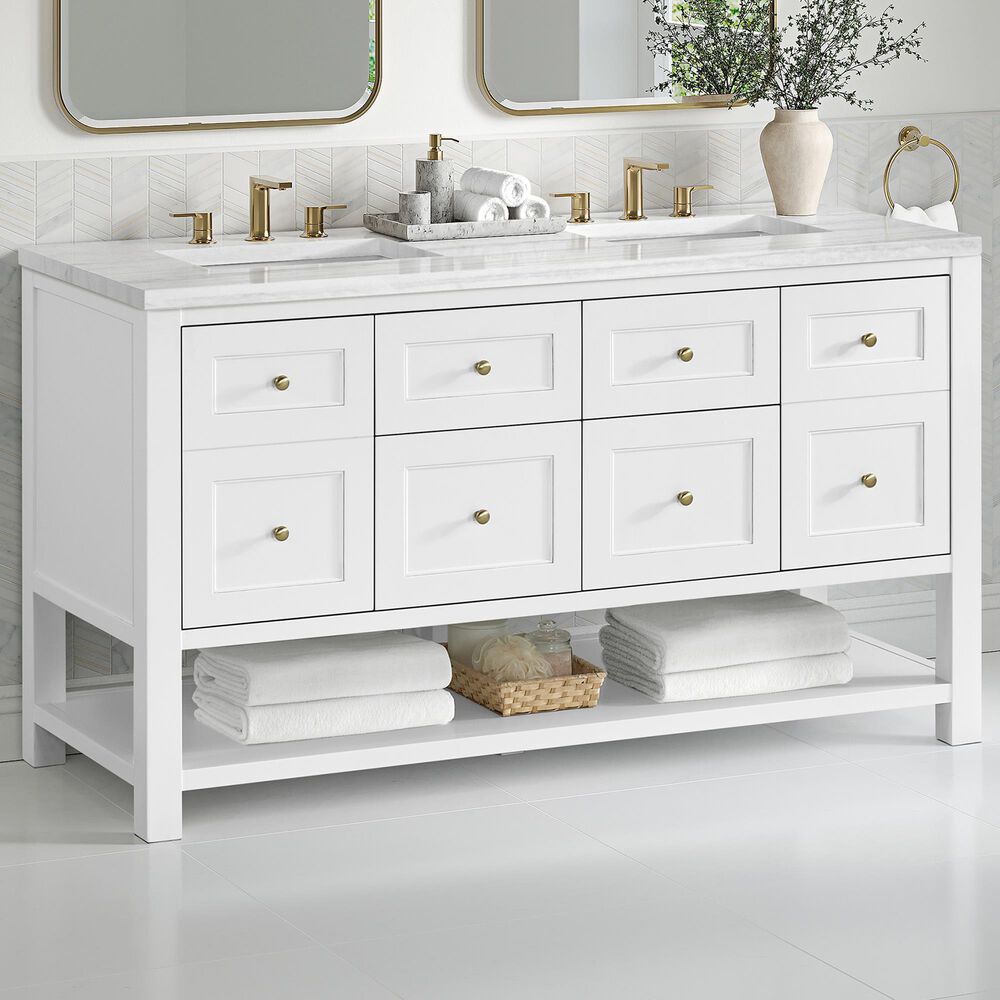 James Martin Vanities Breckenridge 60&quot; Double Bathroom Vanity in Bright White with 3 cm Arctic Fall Solid Surface Top and Rectangular Sinks, , large