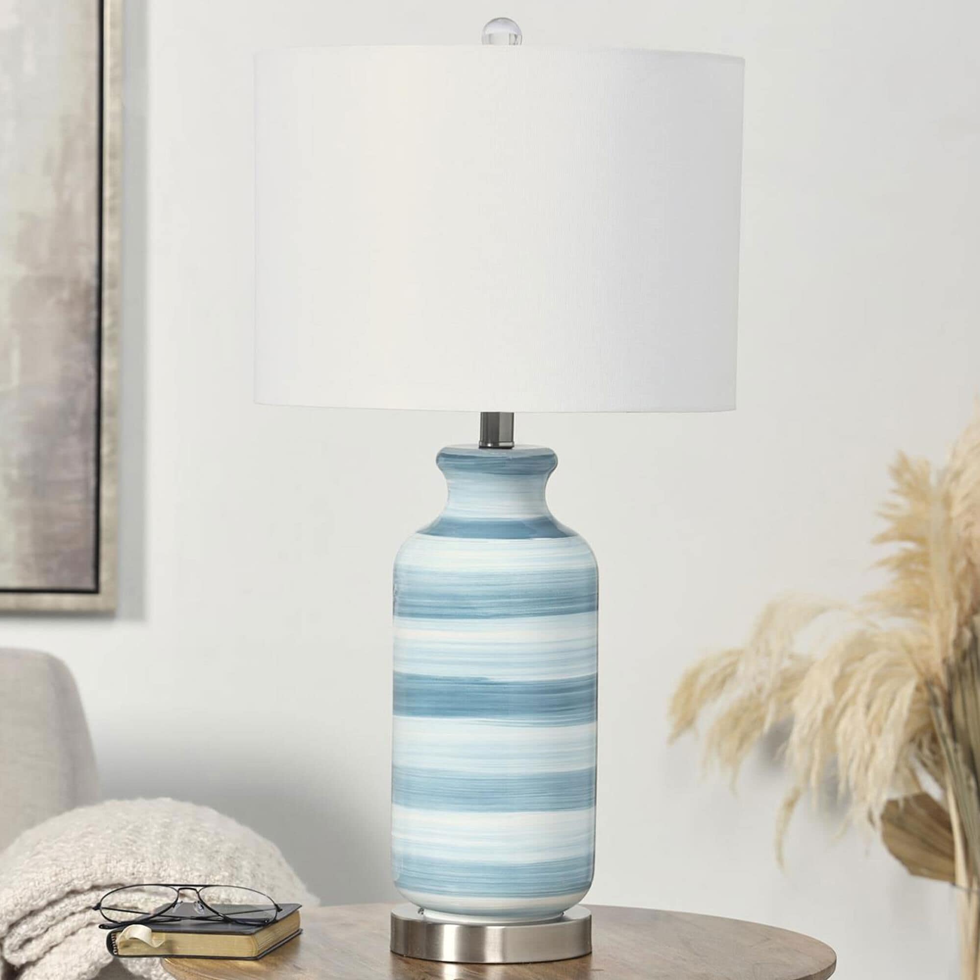Maple and Jade Abstract Striped Table Lamp in Blue White and Silver