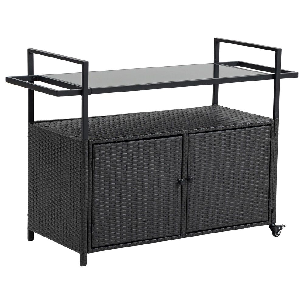 Hearth and Haven Patio Bar Cart with Glass Top and Storage Cabinet in Black, , large