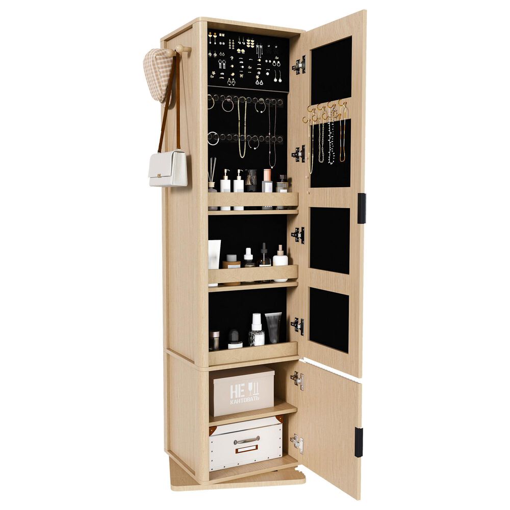 GigaCloud Rotating Jewelry Cabinet with Full-length Mirror, Coat Rack and Shelves in Walnut, , large