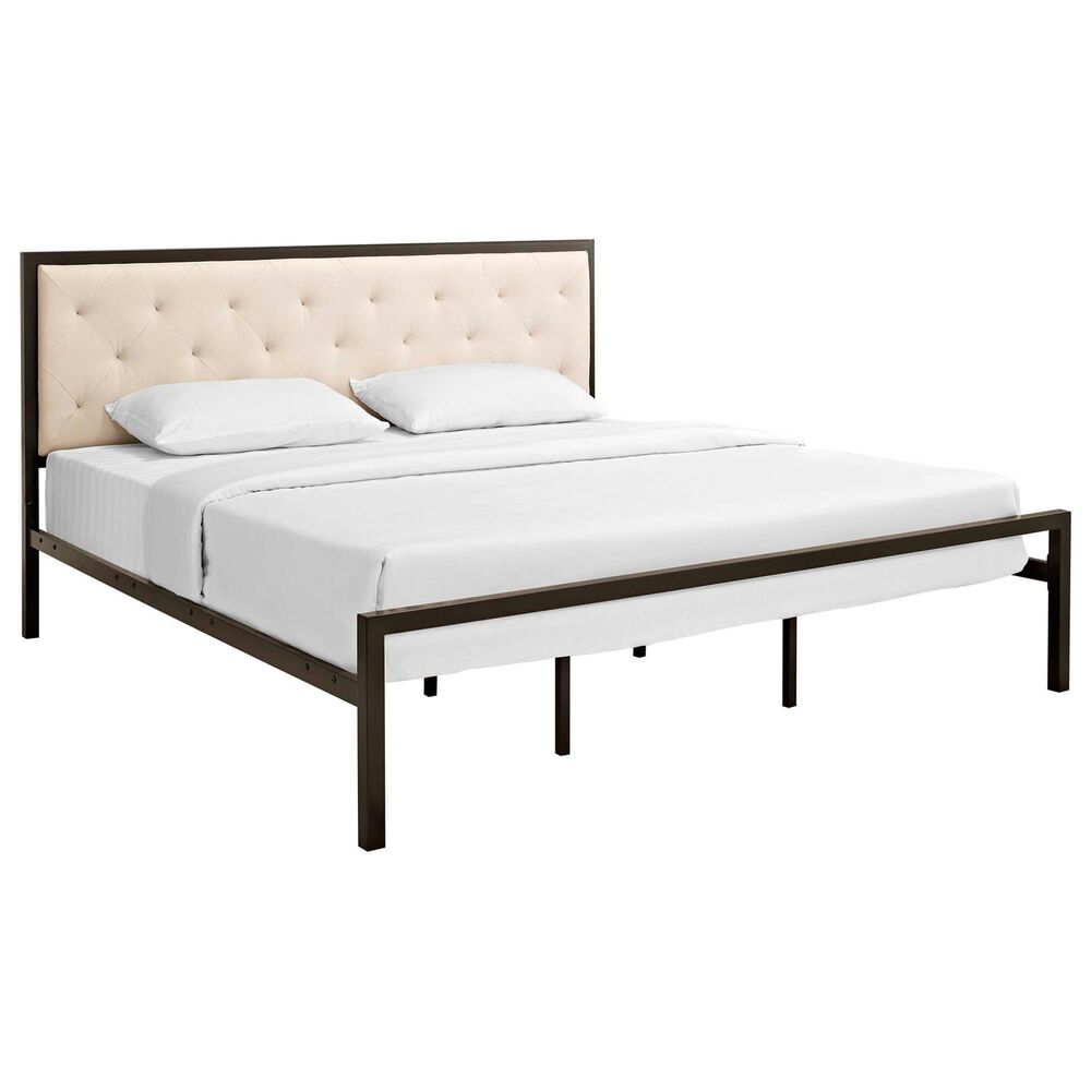 Modway Mia Beige Fabric Upholstered King Platform Bed in Brown, , large