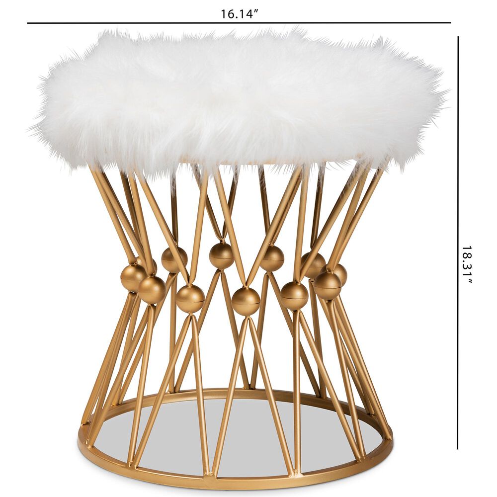 Baxton Studio Leonie Ottoman in White Faux Fur and Gold Finish, , large