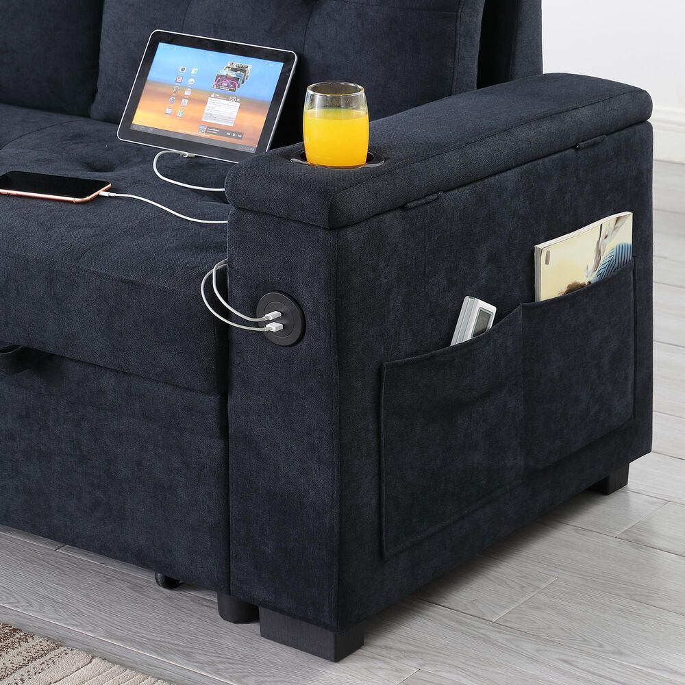 HOMLUX 84"W Reversible Sleeper Sectional Sofa with Storage Chaise, Cup Holders, USB, in Dark Grey, , large