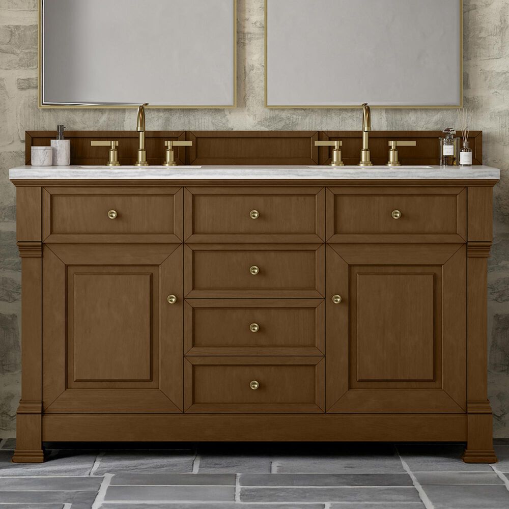 James Martin Vanities Brookfield 60&quot; Double Bathroom Vanity in Honey Oak with 3 cm Arctic Fall Solid Surface Top and Rectangular Sinks, , large