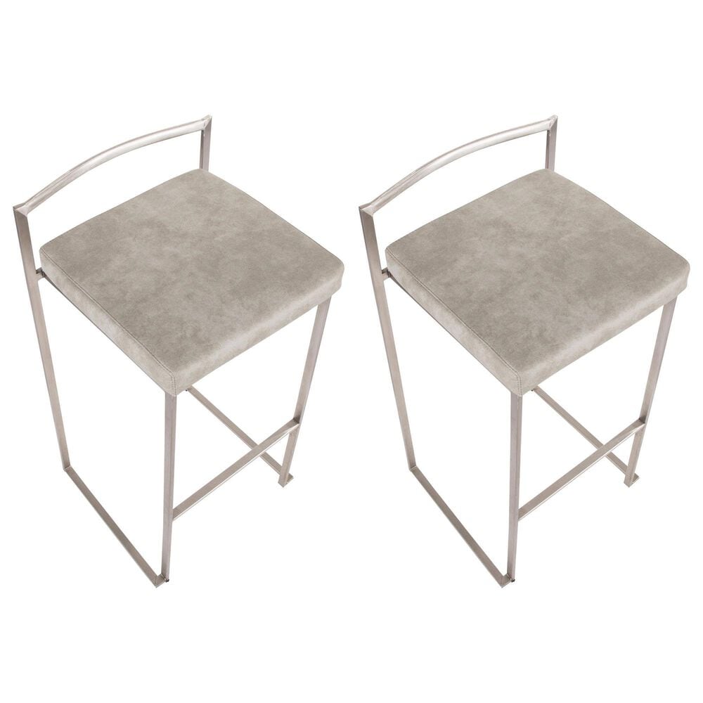 LumiSource Fuji 30" Stacker Bar Stool with Light Grey Cowboy Upholstery in Stainless Steel (Set of 2), , large