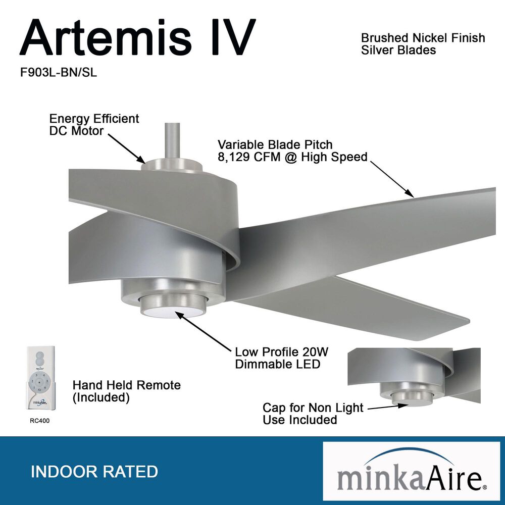 Minka-Aire Artemis IV 64" Ceiling Fan with LED Light and Silver Blades in Brushed Nickel, , large