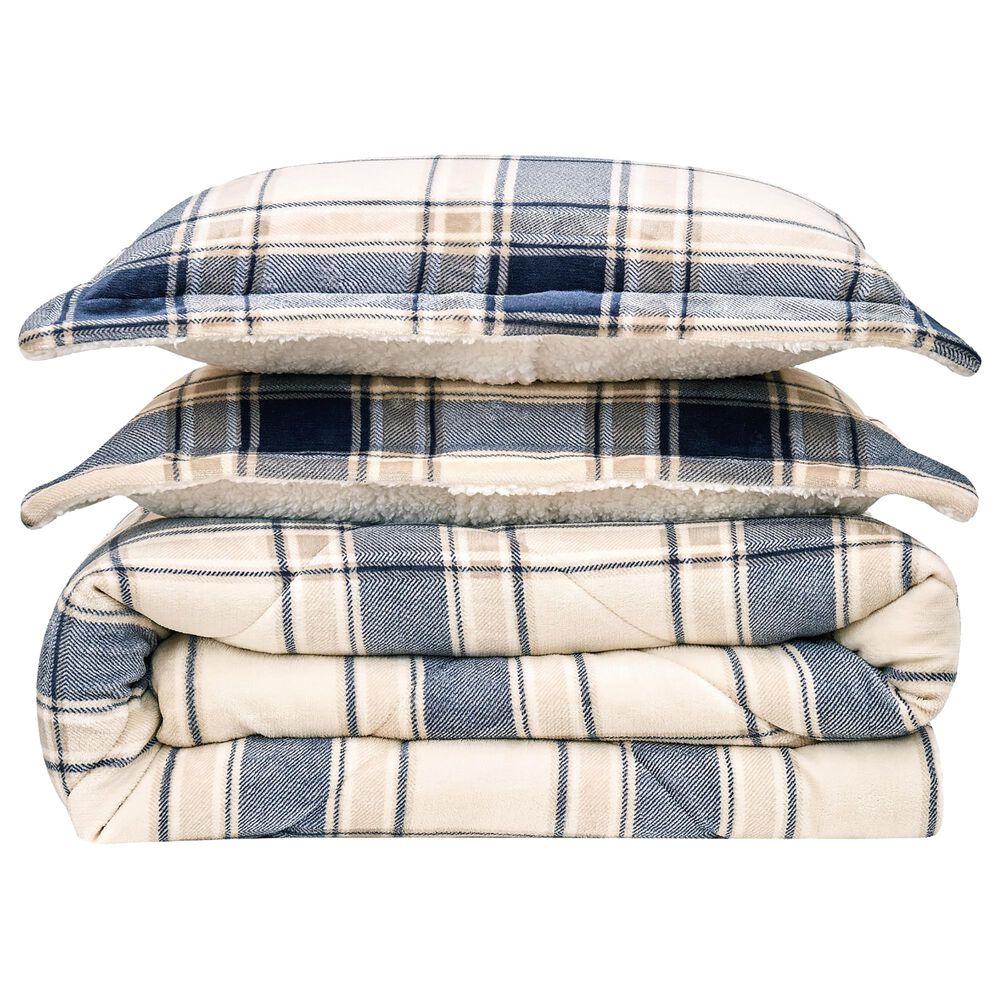 Pem America Truly Soft Cuddle Warmth 3-Piece Full/Queen Comforter Set in Blue and Cream Plaid, , large