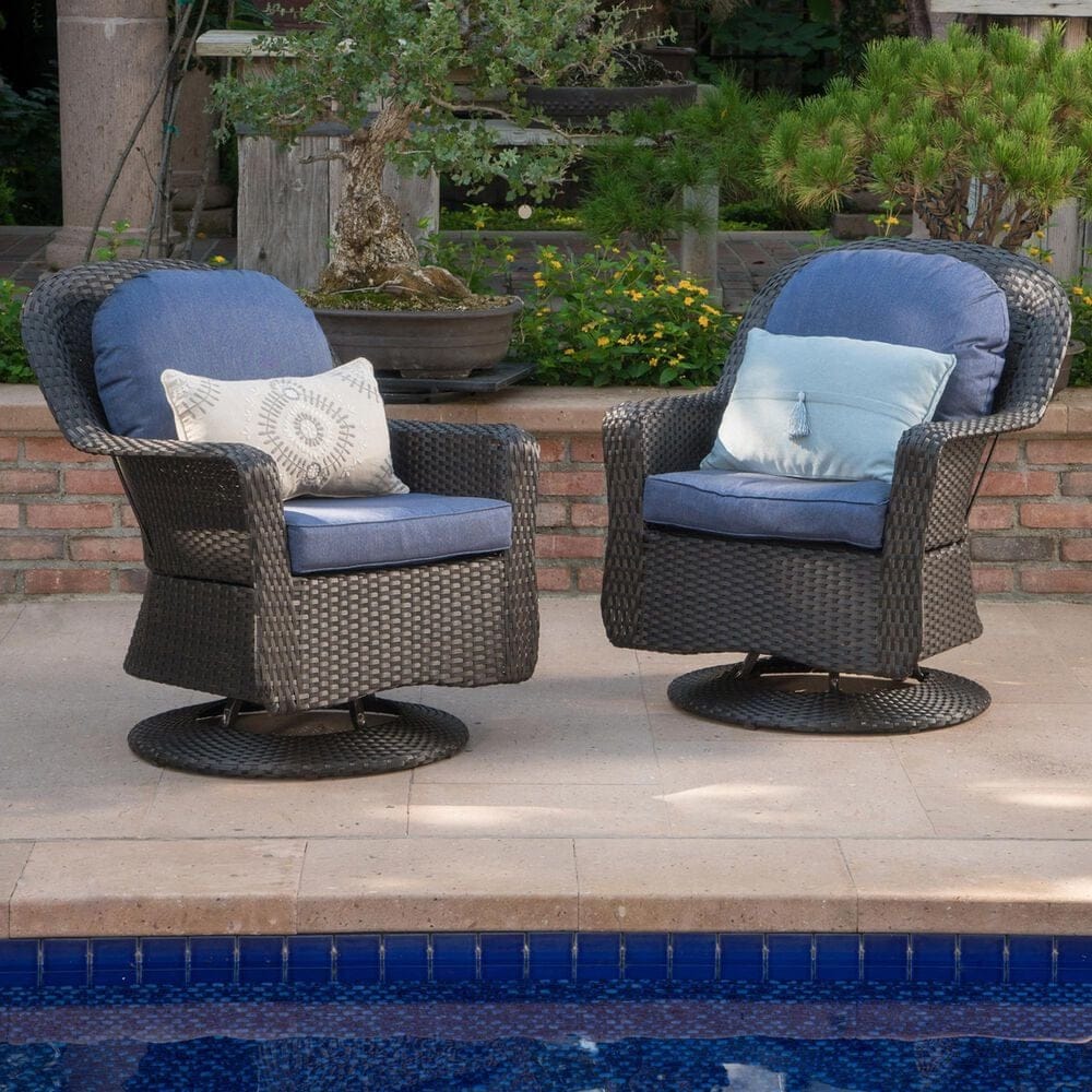 Hearth and Haven Liam Swivel Club Chair with Blue Cushion in Dark Brown &#40;Set of 2&#41;, , large
