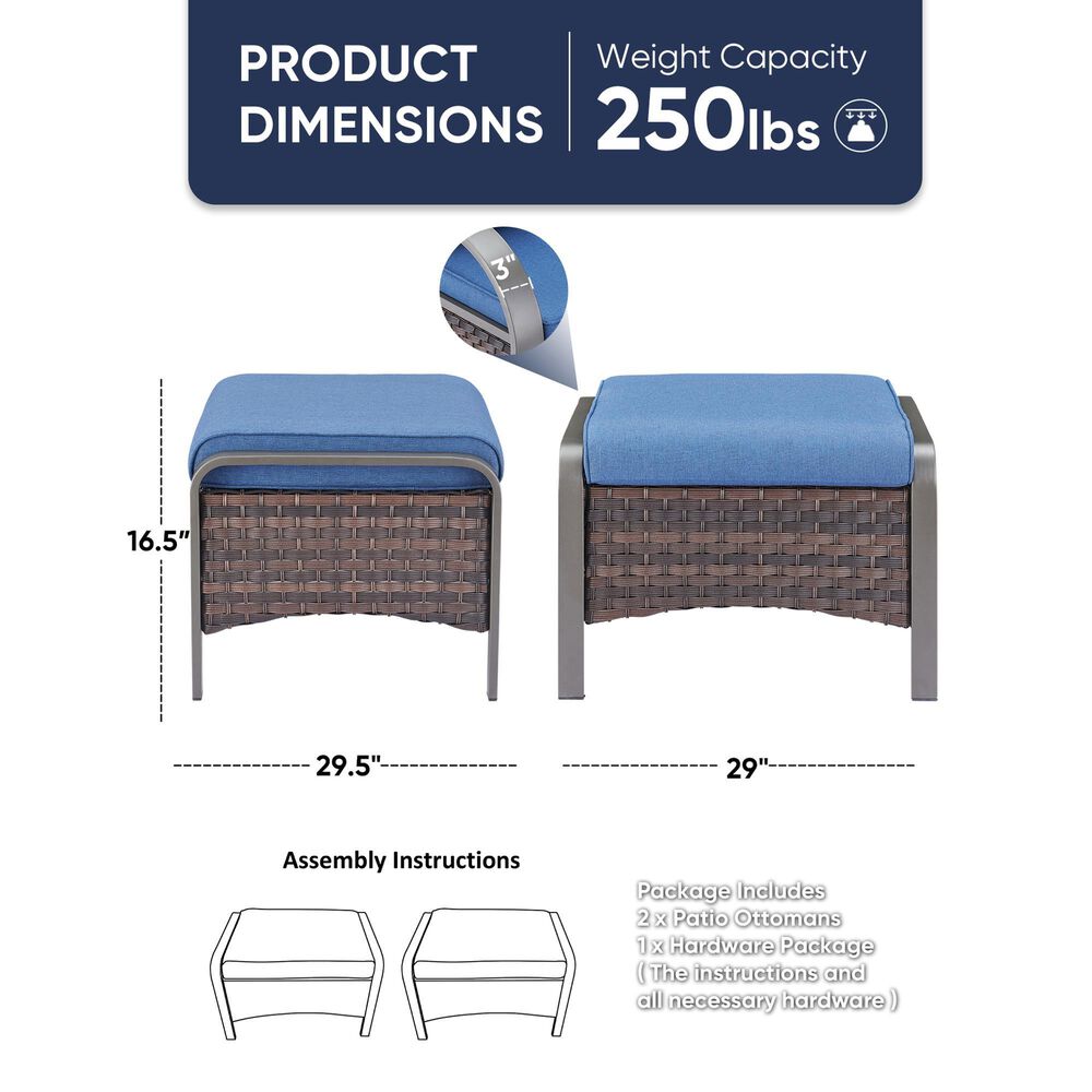 Sunwell Garden Outdoor Ottoman with Navy Cushion in Brown (Set of 2), , large