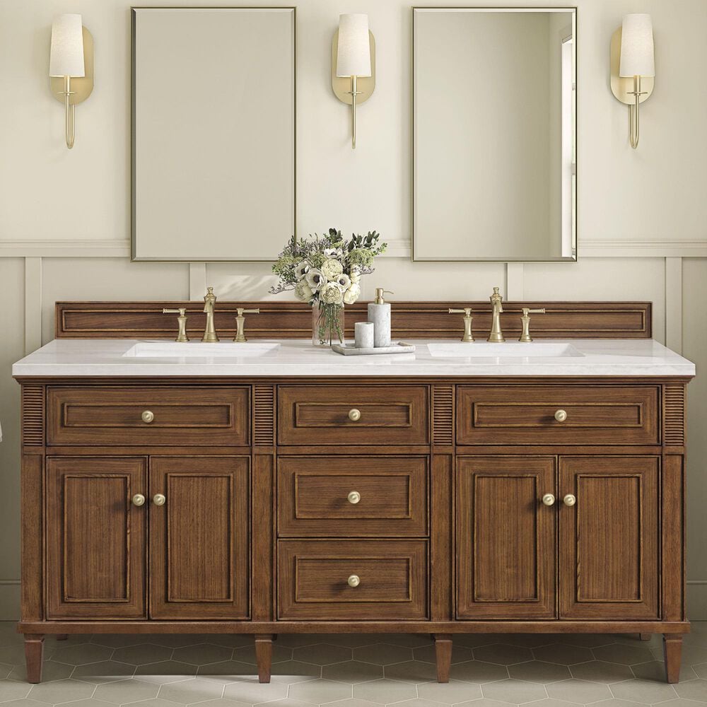 James Martin Vanities Lorelai 72&quot;Double Vanity in Mid-Century Walnut with 3 cm Arctic Fall Solid Surface Top, , large