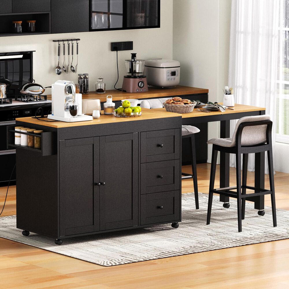 HOMLUX 74.8" Kitchen Island with Extendable Dining Table in Black and Natural, , large
