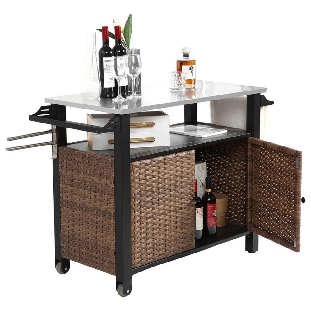 Hearth and Haven 2-Door Outdoor Bar Cart with Stainless Steel Top in Brown and Black, , large