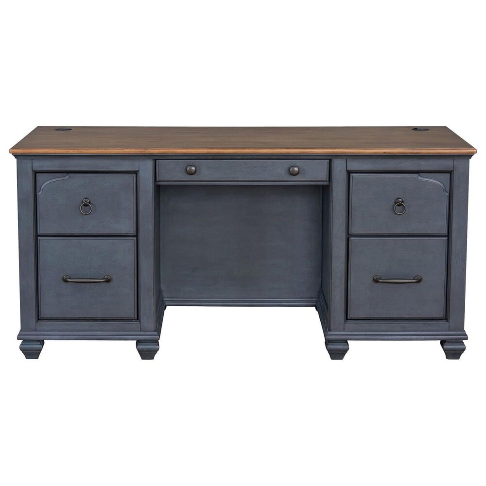 Legends Home Americana 2-Piece Executive Desk with Bookcase Pier Set in Corduroy Blue and Whiskey, , large