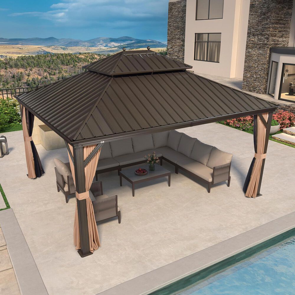 HOMLUX 13' x 15' Outdoor Hardtop Gazebo with Galvanized Steel in Brown, , large
