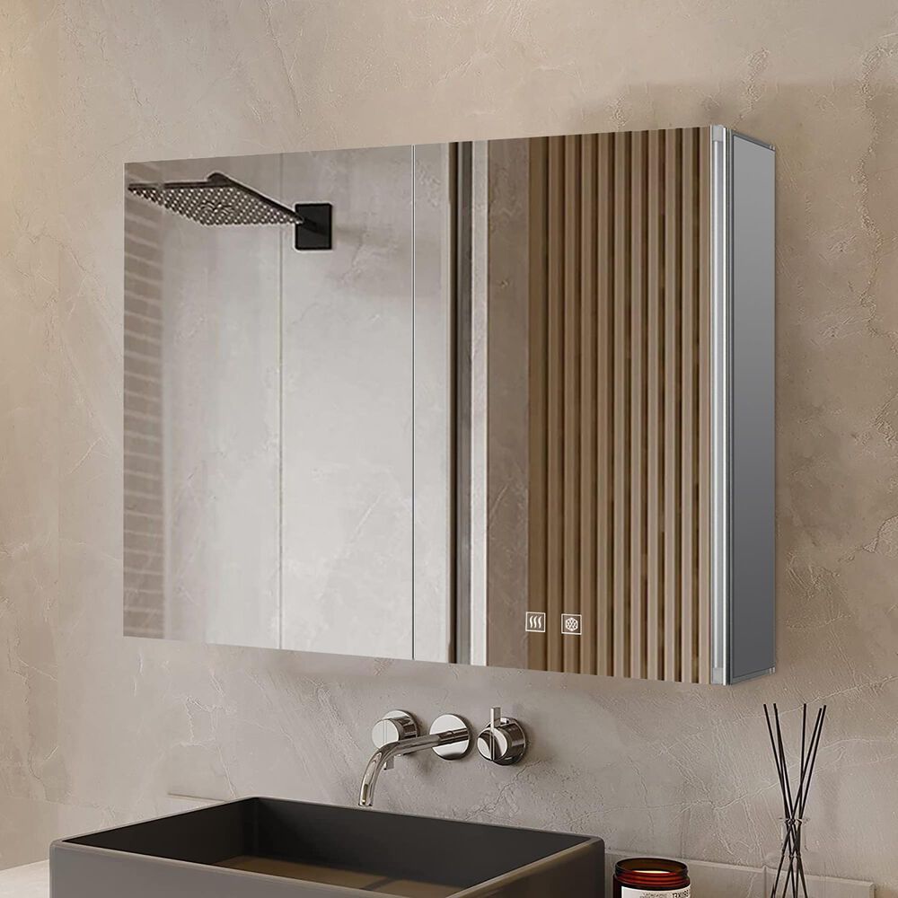Lexora Home Corsica 36" x 28" LED Mirror Medicine Cabinet with Defogger in Aluminium, , large