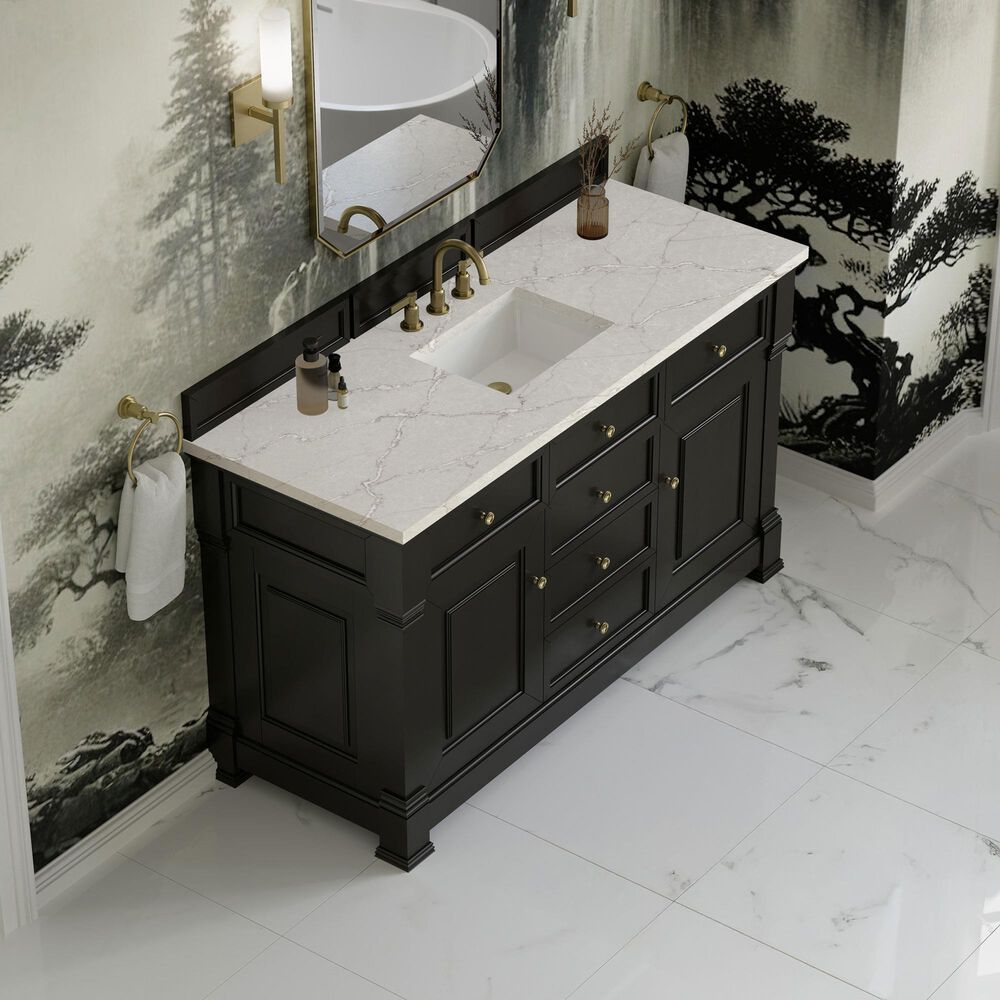 James Martin Vanities Brookfield 60" Single Bathroom Vanity in Black Onyx with 3 cm Victorian Silver Quartz Top and Rectangular Sink, , large