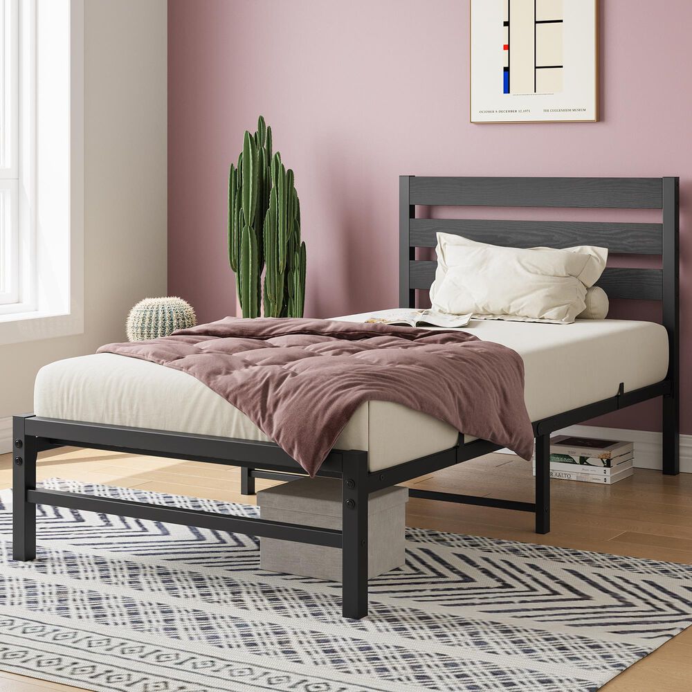 Hearth and Haven Twin Platform Bed Frame with Wood Headboard in Black, , large